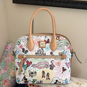 Dooney & Bourke White Multicolor Disney Icon Print Satchel with Tan Trim